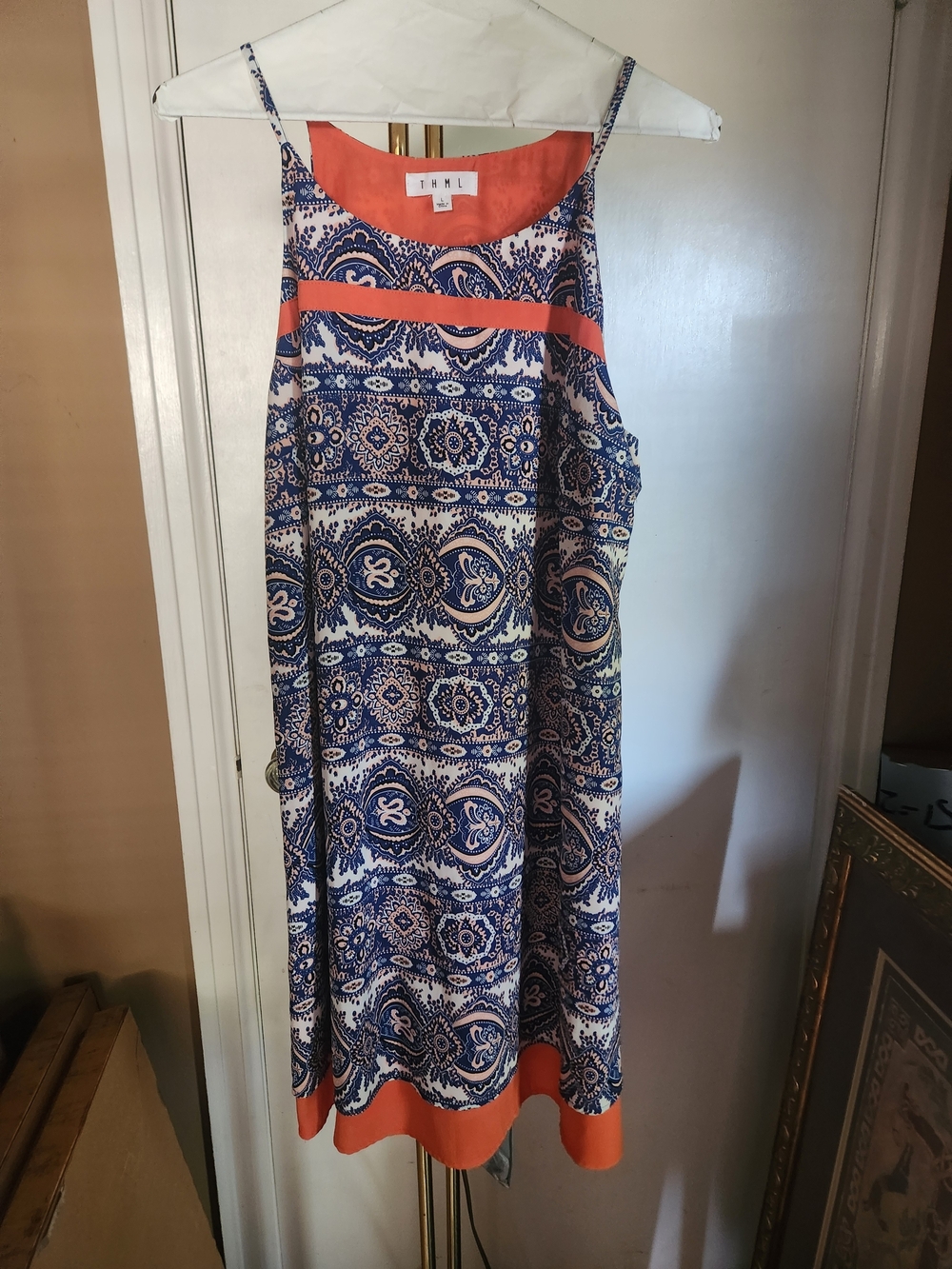 THML Blue & Coral Printed Spaghetti-Strap Dress L NWOT Stitch Fix